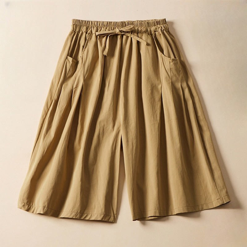 Buddha Stones Casual Solid Color Wrinkle Design Drawstring Cotton Women's Shorts With Pockets - Goldenrod - US8-10,UK/AU12-14,EU40-42 (2XL) - image 0