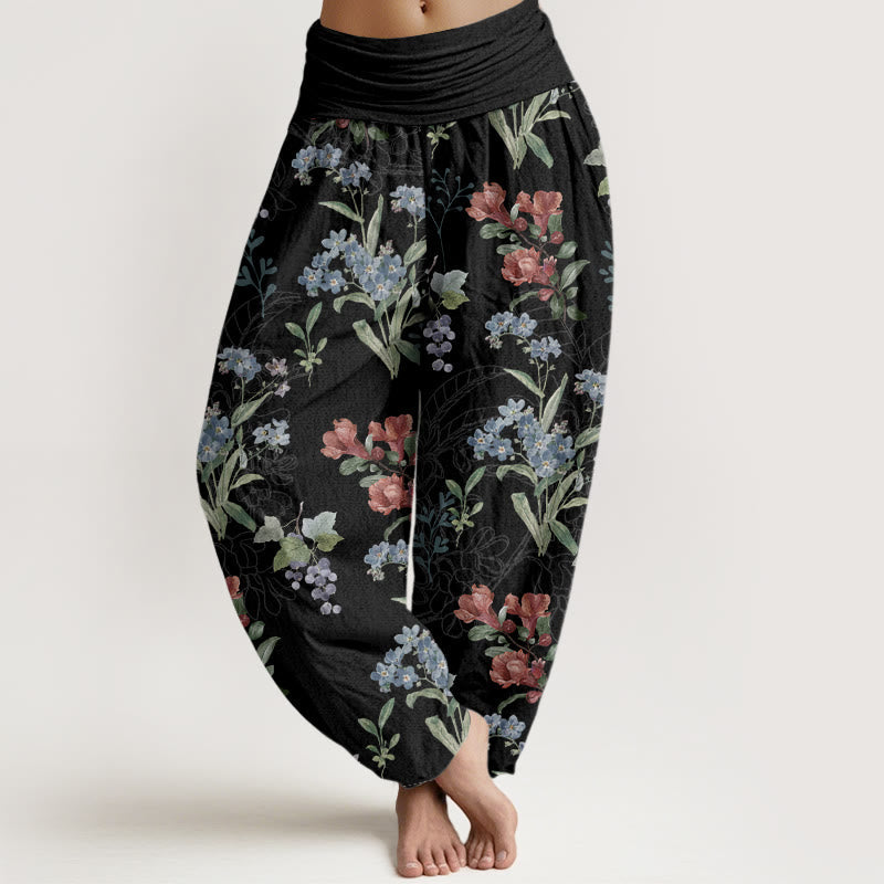 Buddha Stones Red Blue Flowers Green Leaves Design Women's Elastic Waist Harem Pants - Black - US22,UK/AU26,EU54 (6XL) - image 5