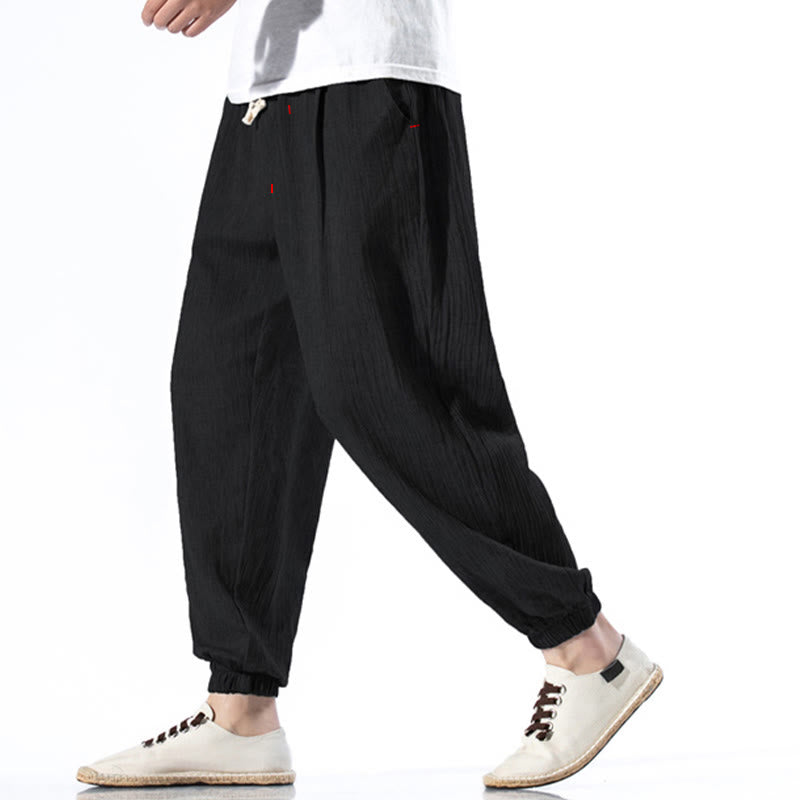 Foviel Casual Solid Color Drawstring Linen Men's Pants With Pockets