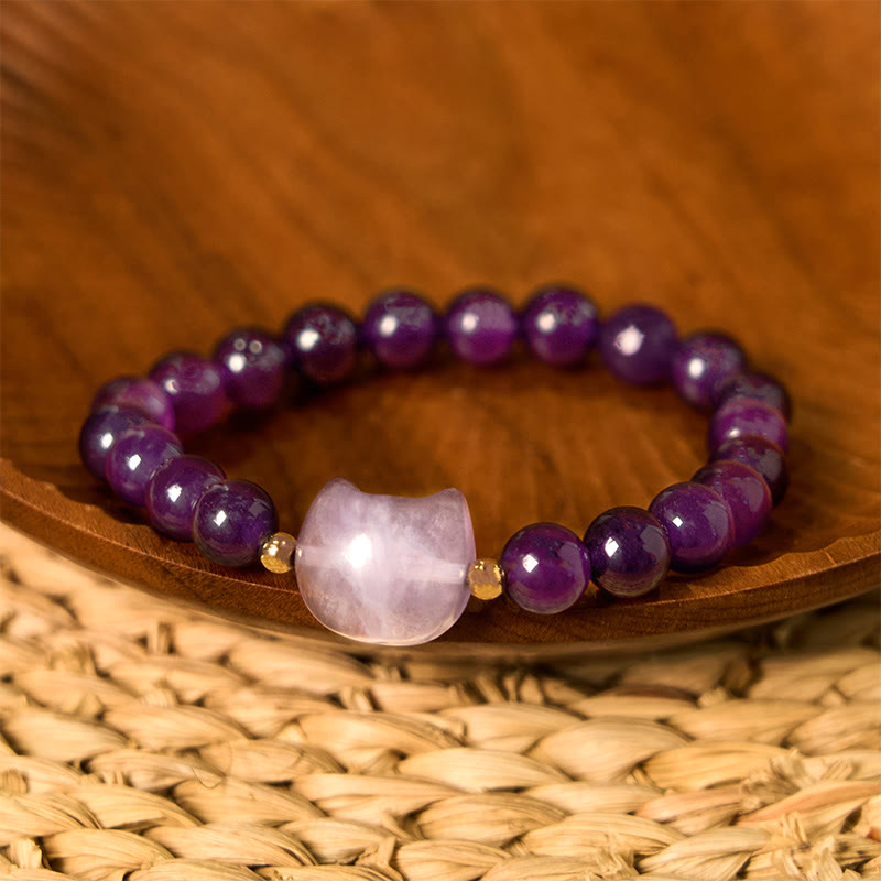 Foviel Amethyst Green Aventurine Rose Quartz Fluorite Cat Head Balance Luck Bracelet