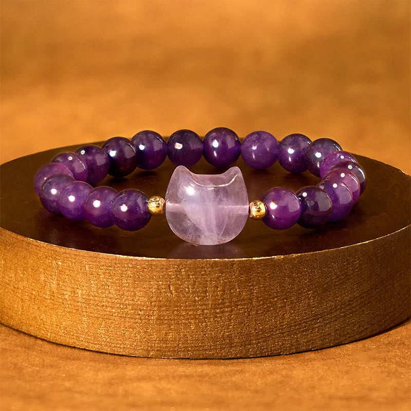 Foviel Amethyst Green Aventurine Rose Quartz Fluorite Cat Head Balance Luck Bracelet