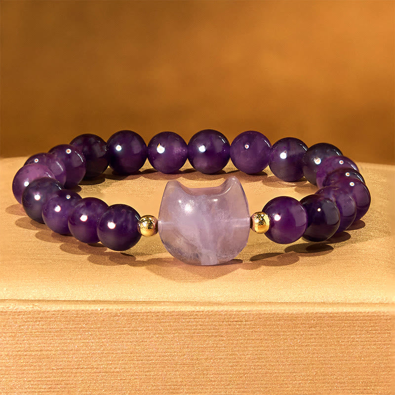 Foviel Amethyst Green Aventurine Rose Quartz Fluorite Cat Head Balance Luck Bracelet
