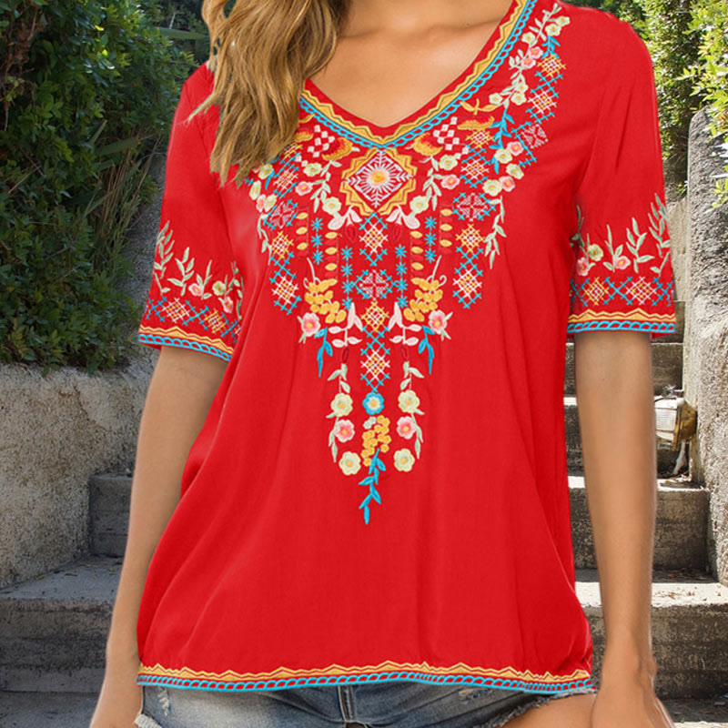 Buddha Stones Embroidery Flower Design Short Sleeve V-neck Women's T-Shirt - Red - US12,UK/AU16,EU44 (3XL) - image 6