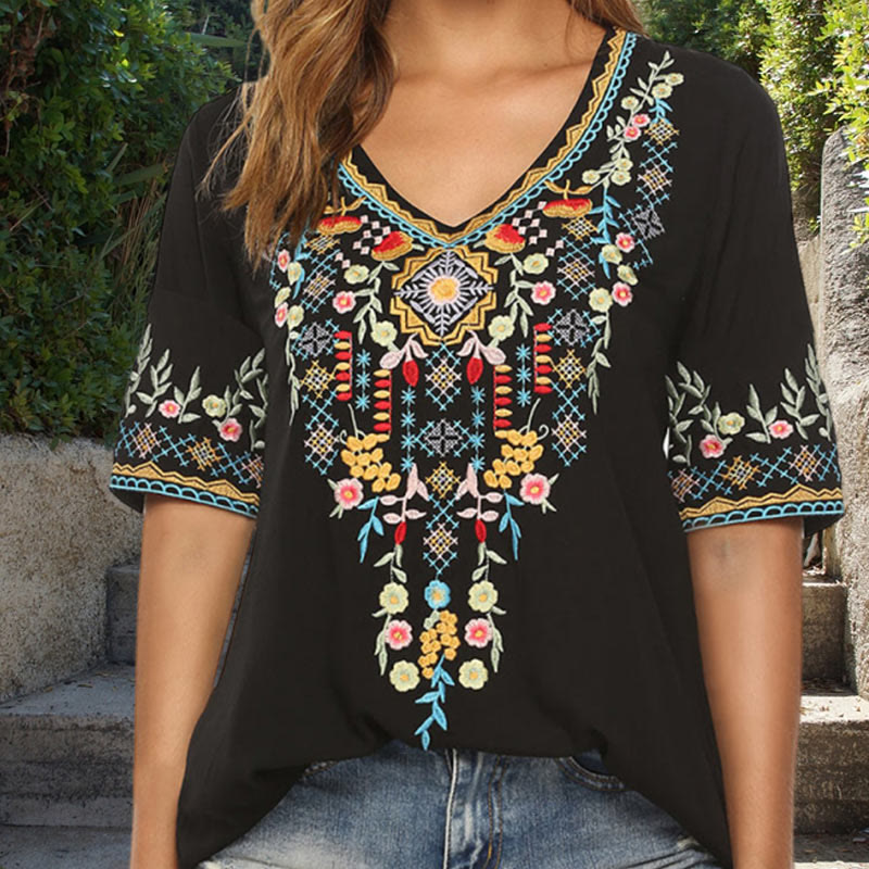 Buddha Stones Embroidery Flower Design Short Sleeve V-neck Women's T-Shirt - Black - US12,UK/AU16,EU44 (3XL) - image 11