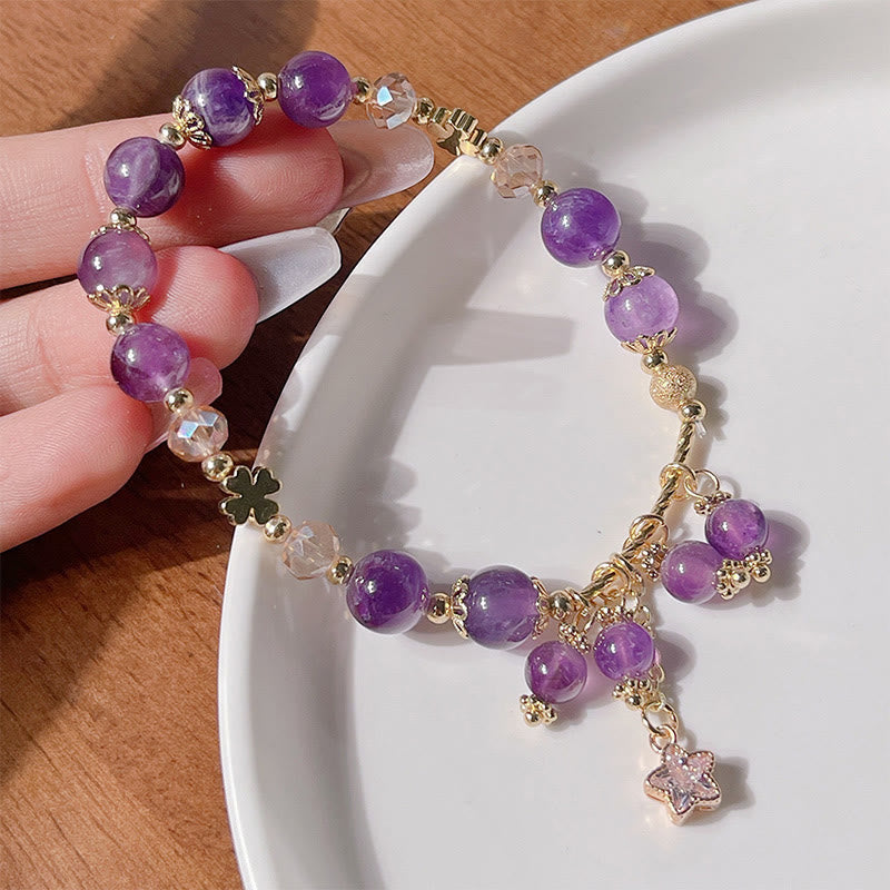 Foviel Natürliche Amethyst Vier Blatt Clover Star Peace Armband