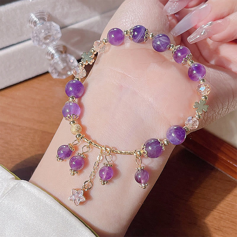Foviel Natürliche Amethyst Vier Blatt Clover Star Peace Armband