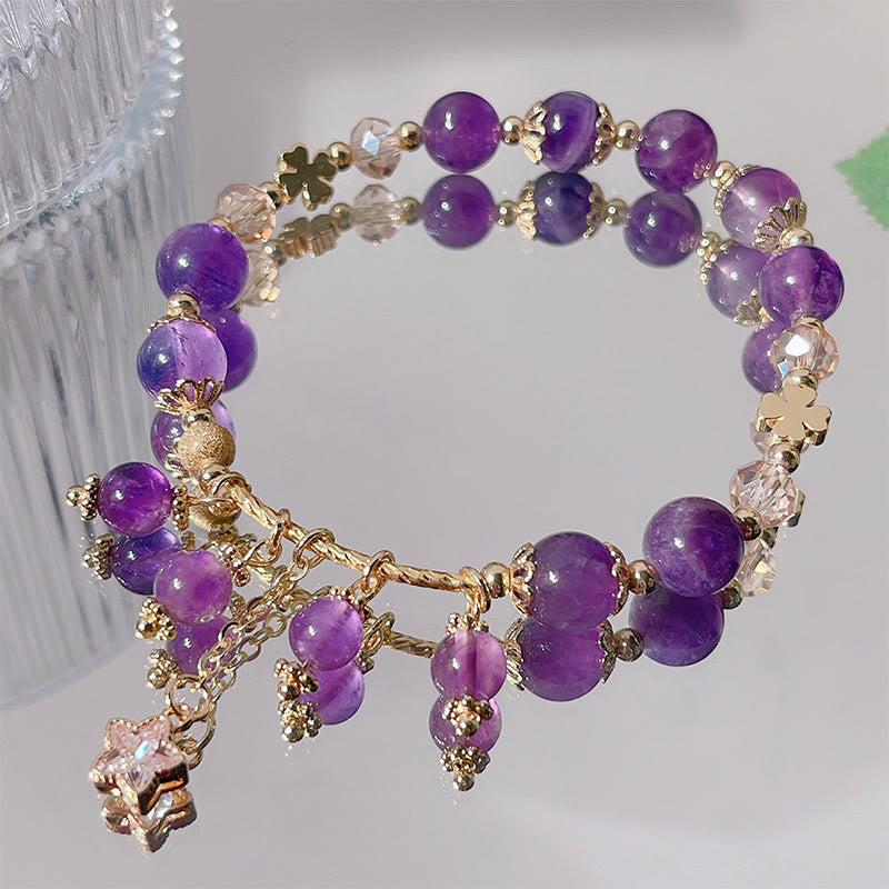 Foviel Natürliche Amethyst Vier Blatt Clover Star Peace Armband