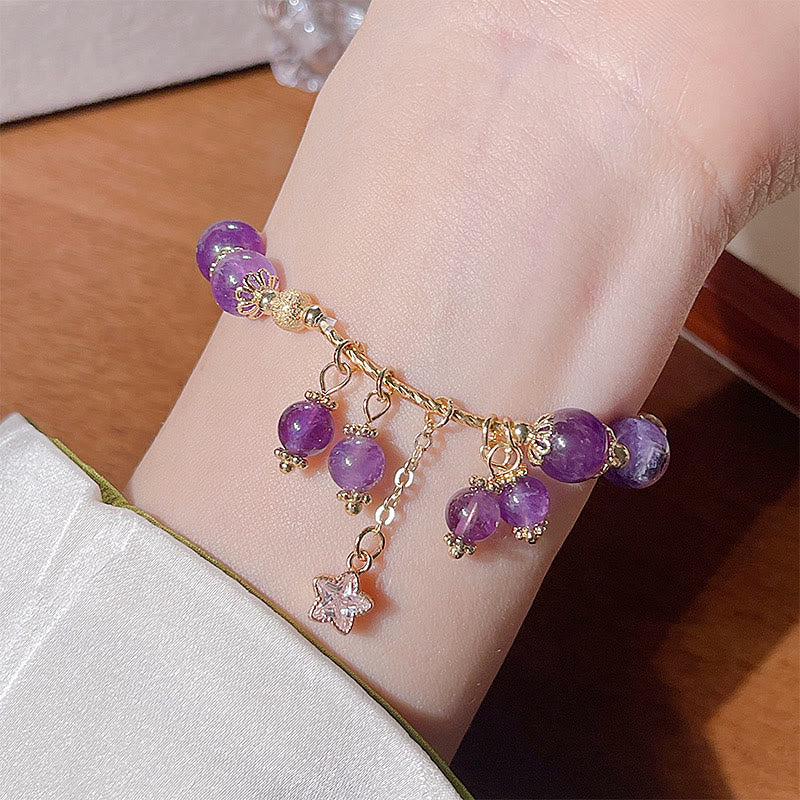 Foviel Natürliche Amethyst Vier Blatt Clover Star Peace Armband