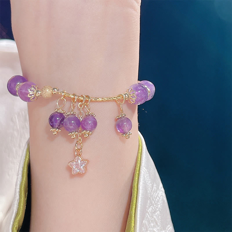 Foviel Natürliche Amethyst Vier Blatt Clover Star Peace Armband