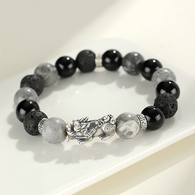 Foviel 999 Sterling Silver PiXiu Black Onyx Grey Jasper Lava Rock Protection Bracelet