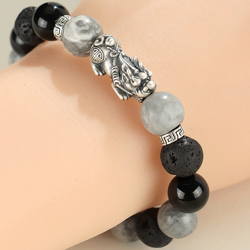 Foviel 999 Sterling Silver PiXiu Black Onyx Grey Jasper Lava Rock Protection Bracelet