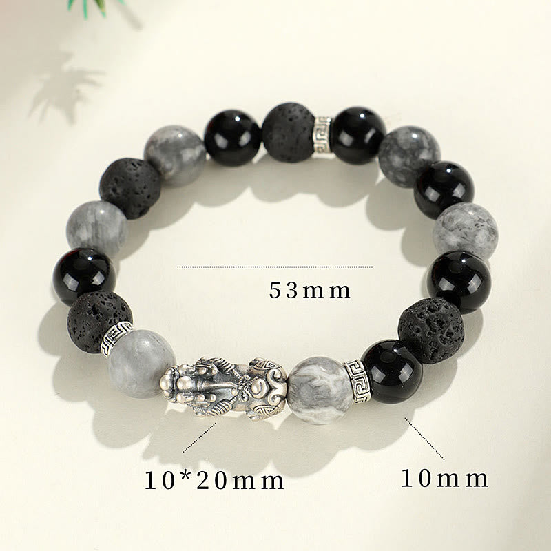 Foviel 999 Sterling Silver PiXiu Black Onyx Grey Jasper Lava Rock Protection Bracelet