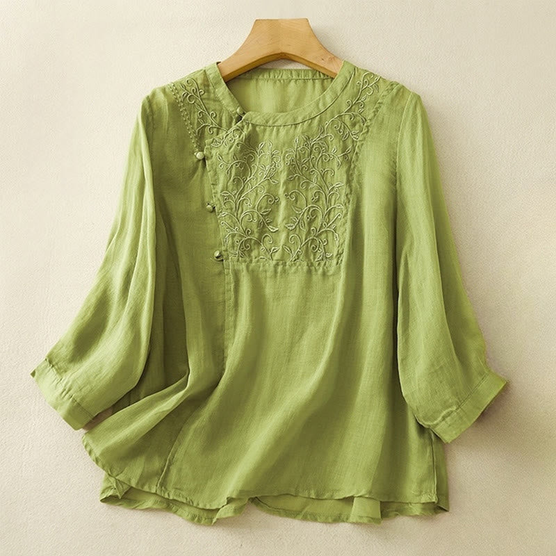 Buddha Stones Plain Frog-Button Embroidery Vine Long Sleeve Slanted Collar Cotton Linen Women's Shirt - LimeGreen - US8-10,UK/AU12-14,EU40-42 (2XL) - image 8