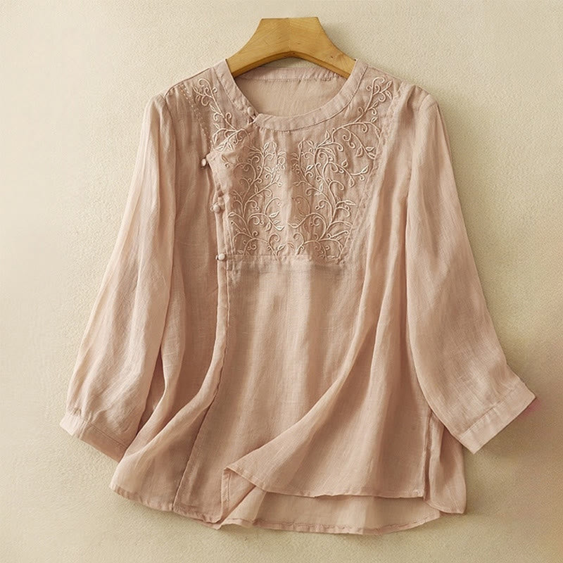 Buddha Stones Plain Frog-Button Embroidery Vine Long Sleeve Slanted Collar Cotton Linen Women's Shirt - DarkSalmon - US8-10,UK/AU12-14,EU40-42 (2XL) - image 4