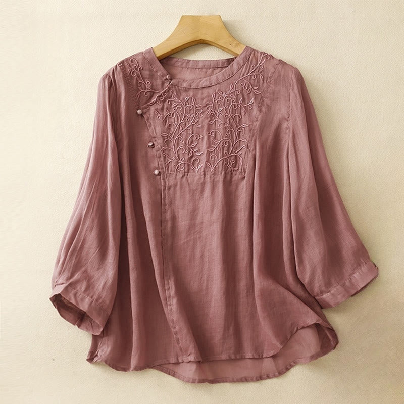 Buddha Stones Plain Frog-Button Embroidery Vine Long Sleeve Slanted Collar Cotton Linen Women's Shirt - IndianRed - US8-10,UK/AU12-14,EU40-42 (2XL) - image 0
