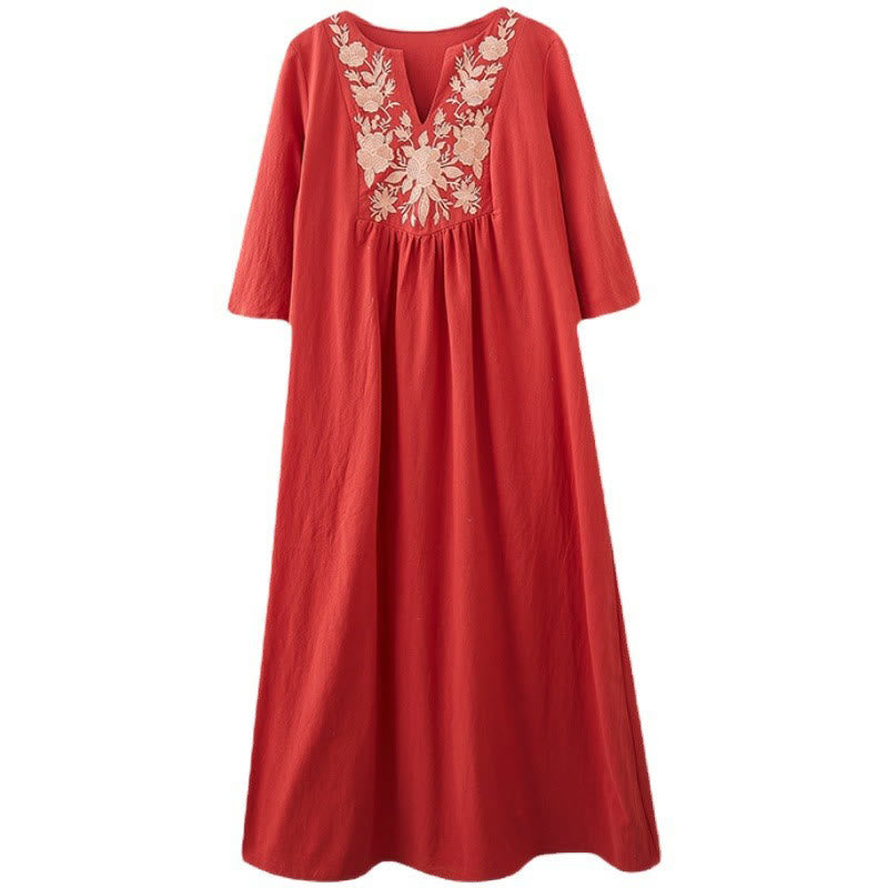Buddha Stones Casual Bohemia Embroidery Floral Simple Design Three Quarter Sleeve V-Neck Cotton Linen Maxi Dress - image 17