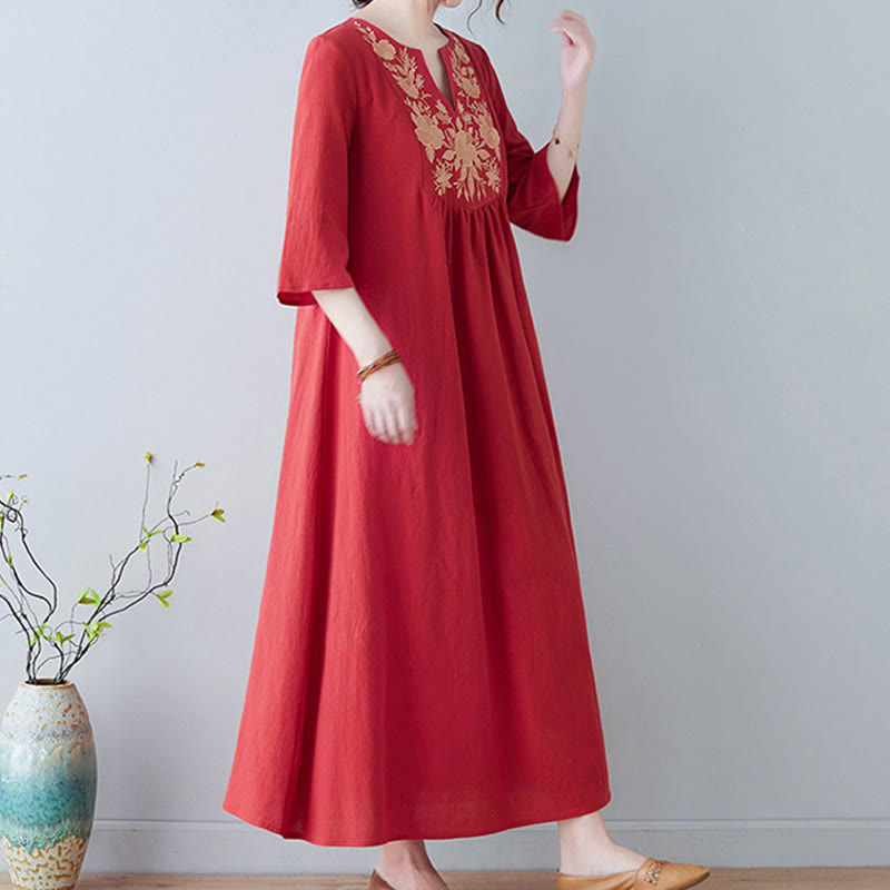 Buddha Stones Casual Bohemia Embroidery Floral Simple Design Three Quarter Sleeve V-Neck Cotton Linen Maxi Dress - image 13