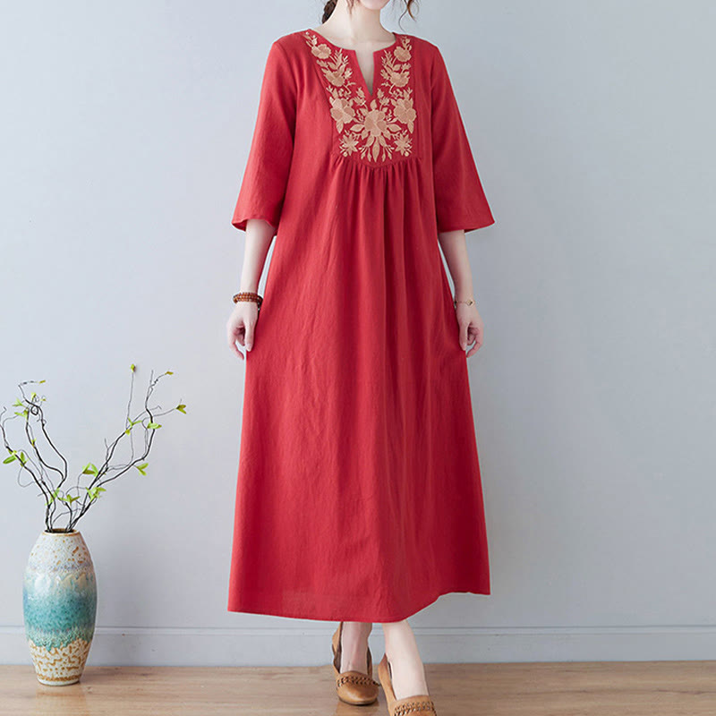 Buddha Stones Casual Bohemia Embroidery Floral Simple Design Three Quarter Sleeve V-Neck Cotton Linen Maxi Dress - image 15