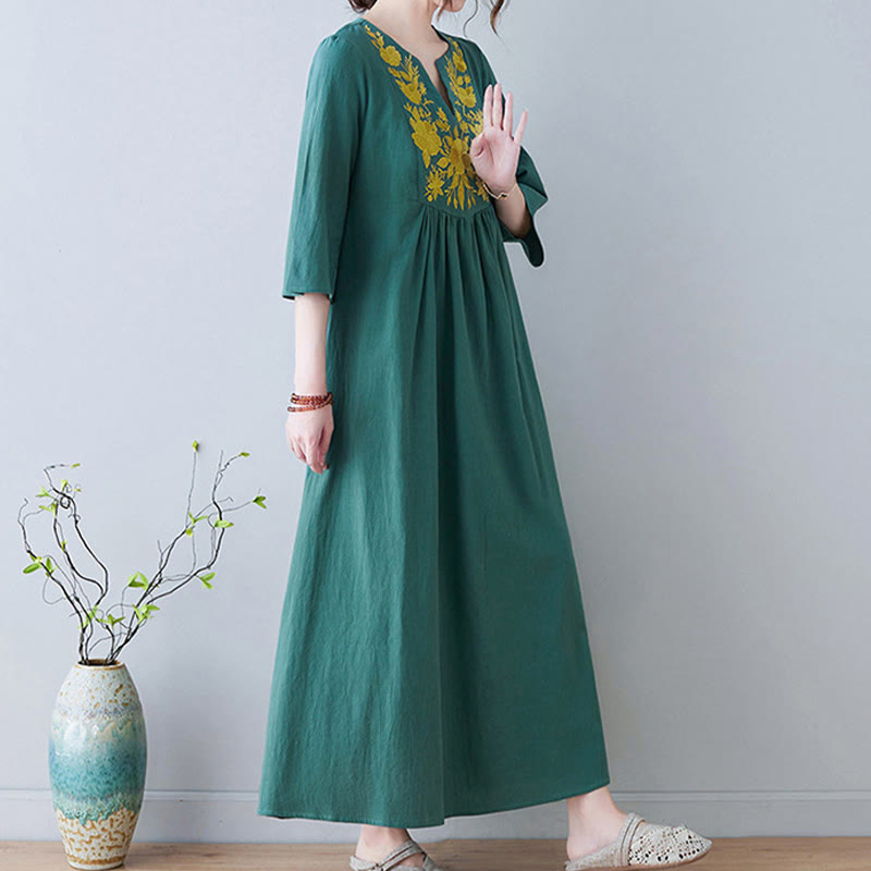 Buddha Stones Casual Bohemia Embroidery Floral Simple Design Three Quarter Sleeve V-Neck Cotton Linen Maxi Dress - image 20