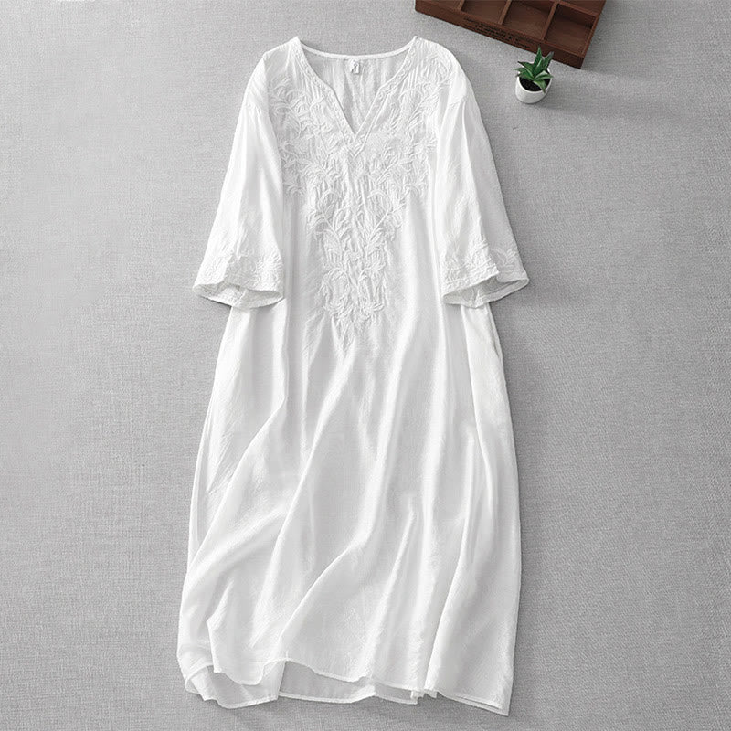 Robe midi Foviel d'été blanche, couleur unie, à broderies de feuilles et fleurs, col en V, manches courtes et poches
