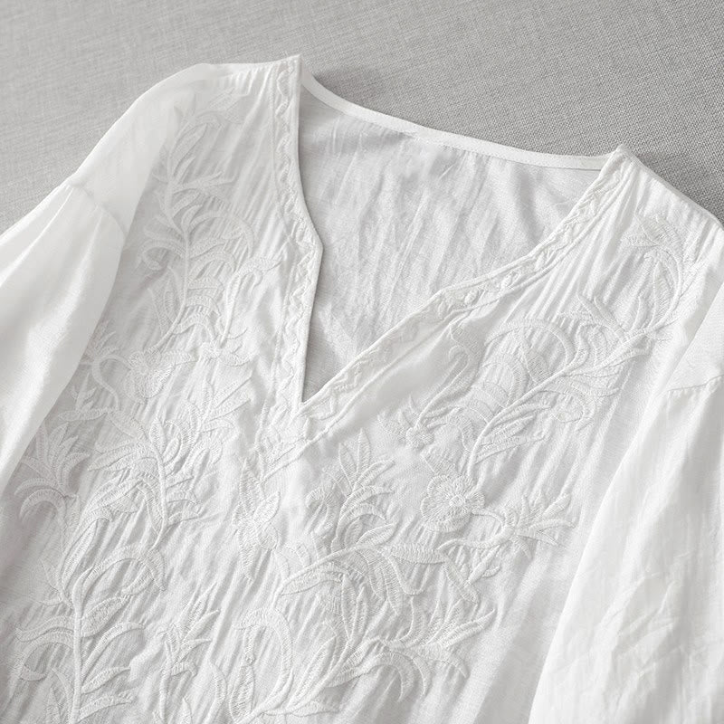 Robe midi Foviel d'été blanche, couleur unie, à broderies de feuilles et fleurs, col en V, manches courtes et poches