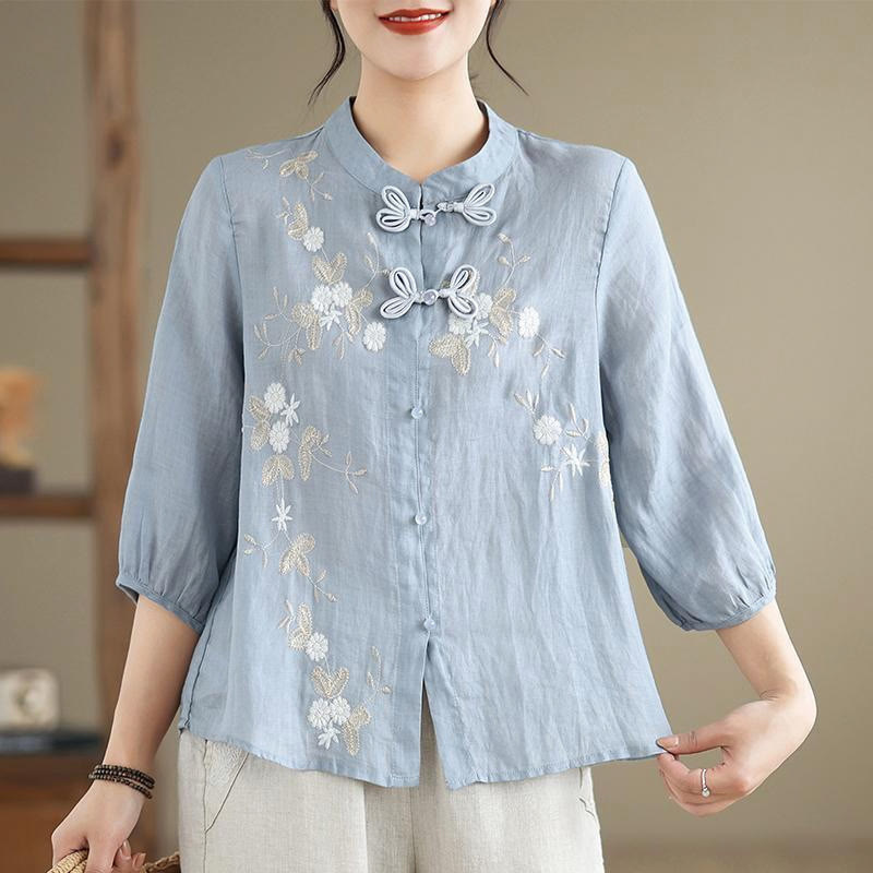 Buddha Stones Vintage Flower Embroidery Three Quarter Sleeve Frog-Button Cotton Linen Women's Shirt - LightSkyBlue - US8-10,UK/AU12-14,EU40-42 (2XL) - image 0