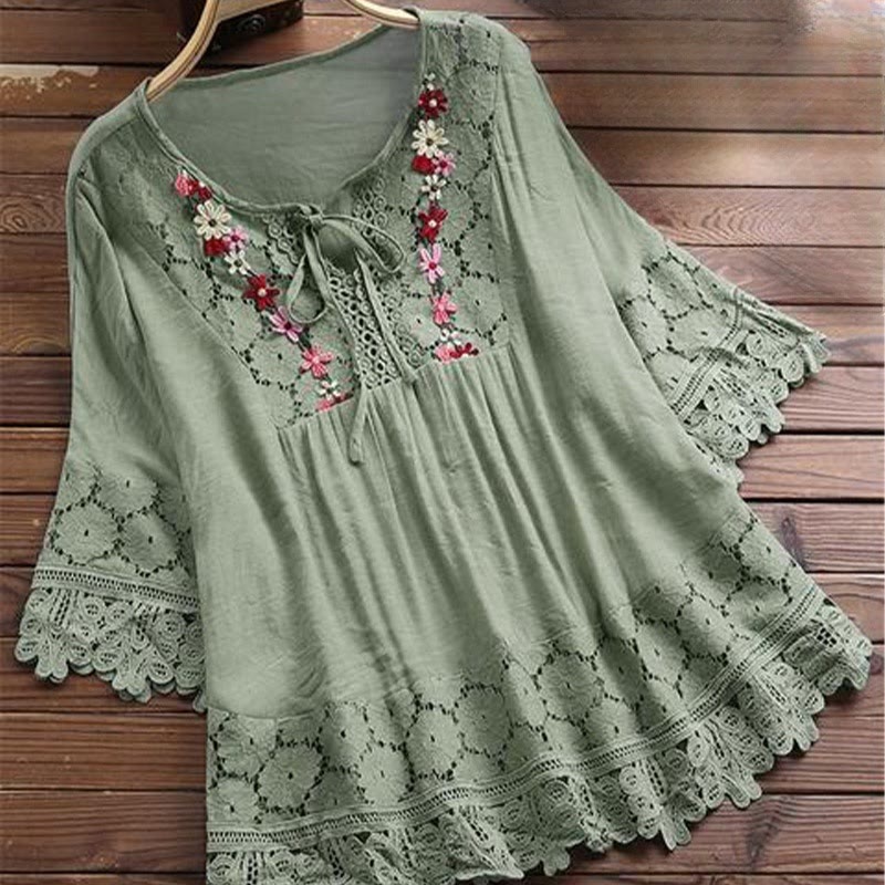 Buddha Stones Vintage Flower Embroidery Hole Design Lace-up Three Quarter Sleeve Cotton Women's Shirt - MediumSeaGreen - US16,UK/AU20,EU48 (5XL) - image 7