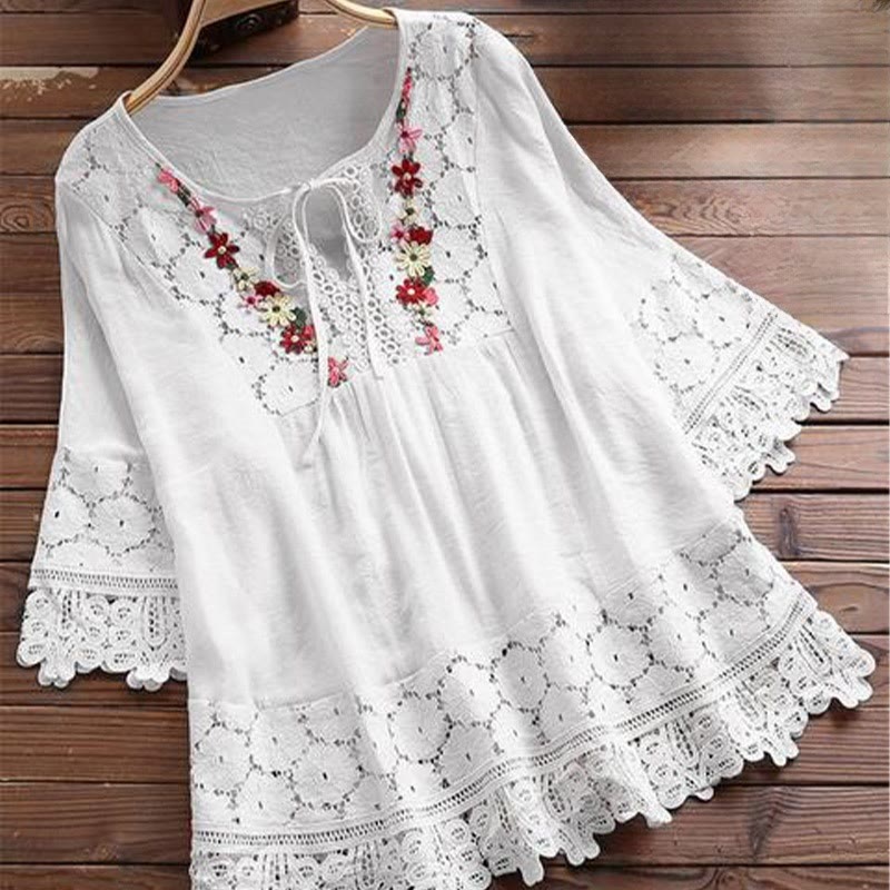 Buddha Stones Vintage Flower Embroidery Hole Design Lace-up Three Quarter Sleeve Cotton Women's Shirt - White - US16,UK/AU20,EU48 (5XL) - image 3