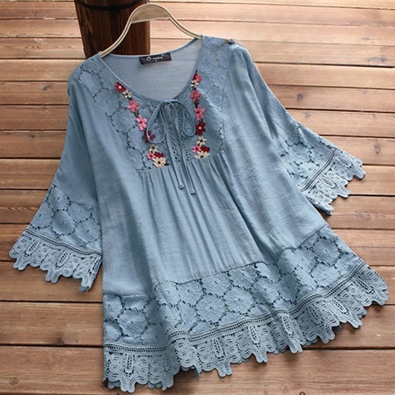 Buddha Stones Vintage Flower Embroidery Hole Design Lace-up Three Quarter Sleeve Cotton Women's Shirt - CornflowerBlue - US16,UK/AU20,EU48 (5XL) - image 9