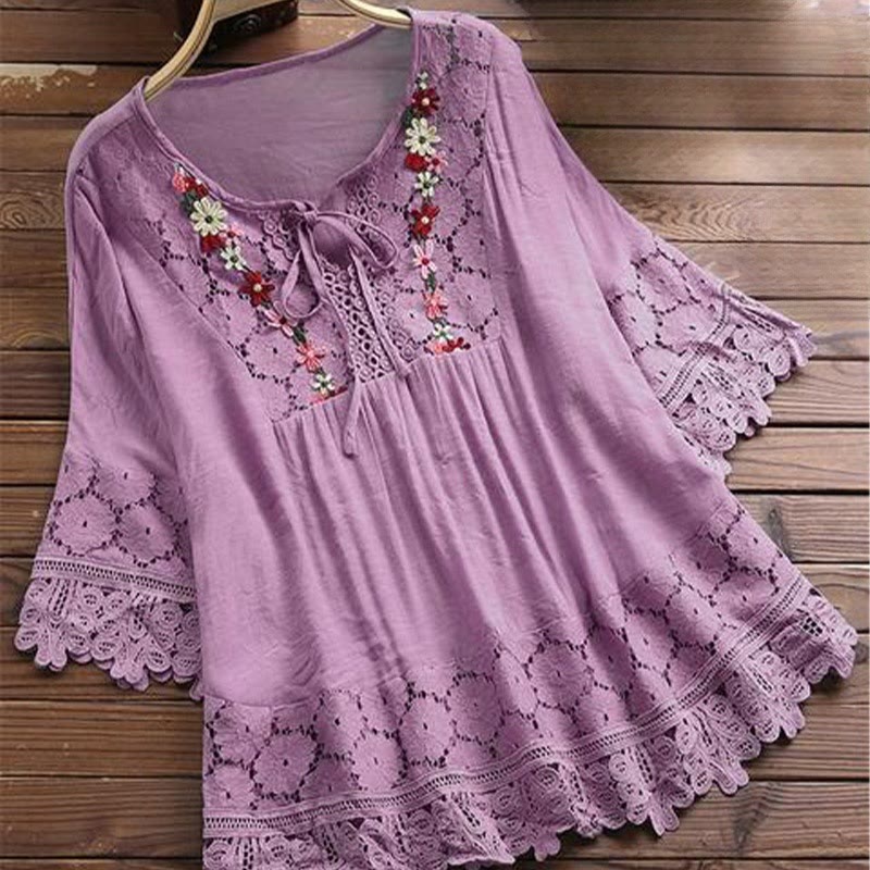 Buddha Stones Vintage Flower Embroidery Hole Design Lace-up Three Quarter Sleeve Cotton Women's Shirt - Orchid - US16,UK/AU20,EU48 (5XL) - image 5