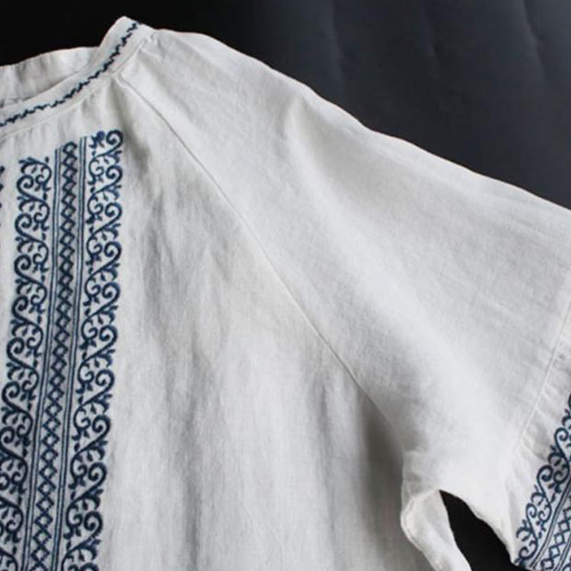 Foviel Ethnic Embroidery Bohemian Pattern Long Sleeve Crew Neck Women's Shirt