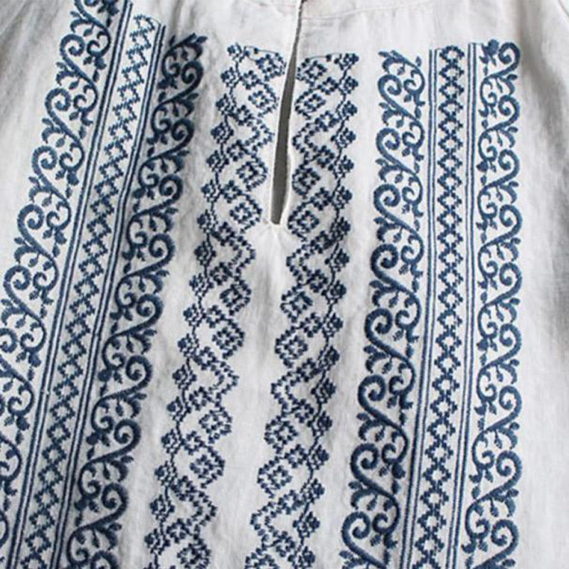 Foviel Ethnic Embroidery Bohemian Pattern Long Sleeve Crew Neck Women's Shirt