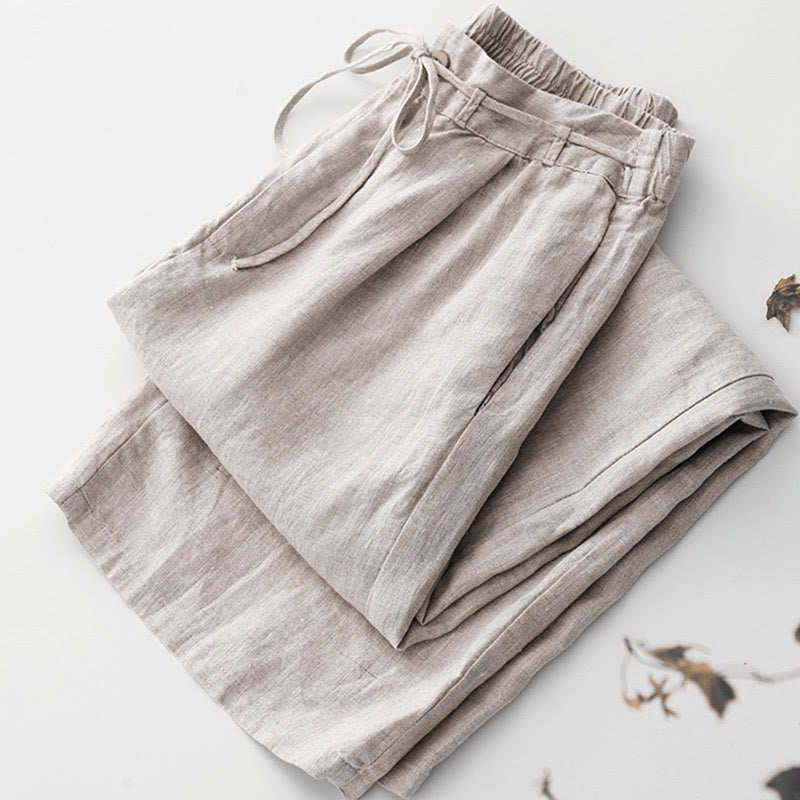 Buddha Stones Summer Plain Color Ankle-Length Drawstring Cotton Linen Women's Wide Leg Pants With Pockets Zipper - image 11