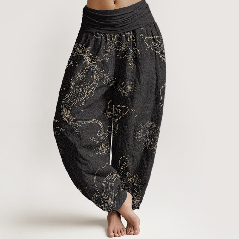 Buddha Stones Cotton Koi Fish Floral Pattern Women's Elastic Waist Harem Pants - Black - US22,UK/AU26,EU54 (6XL) - image 0