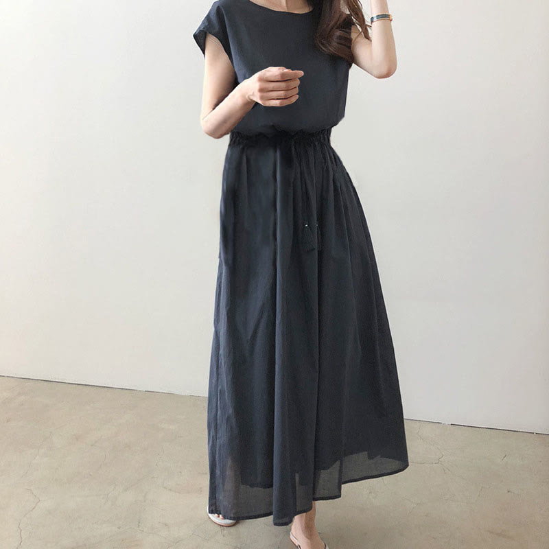 Buddha Stones Casual Eastic Waist Drawstring Design Short Sleeve Midi Dress - SteelBlue - US8-10,UK/AU12-14,EU40-42 (2XL) - image 14