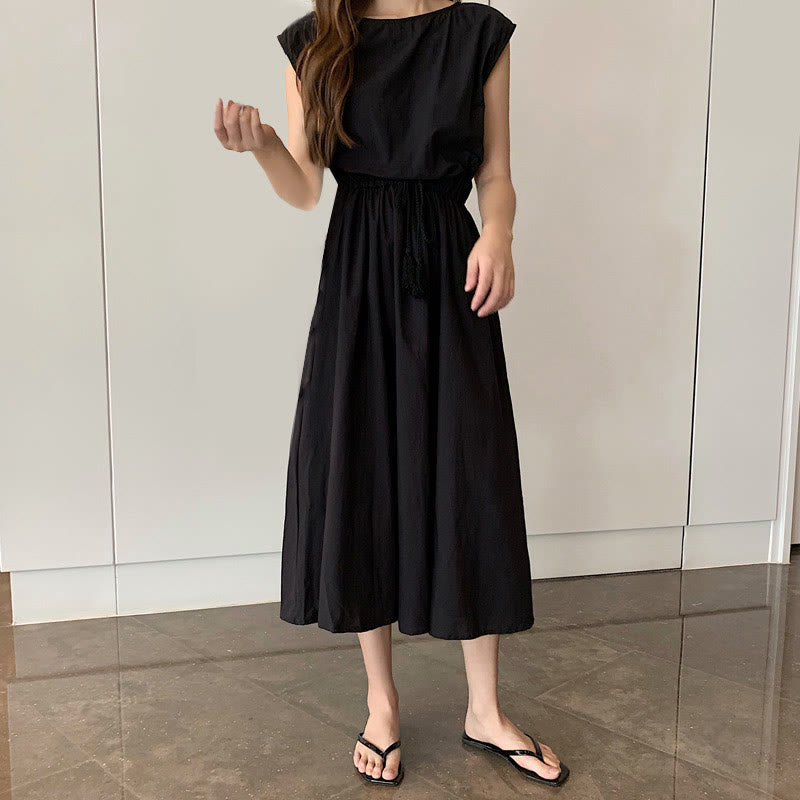 Buddha Stones Casual Eastic Waist Drawstring Design Short Sleeve Midi Dress - Black - US8-10,UK/AU12-14,EU40-42 (2XL) - image 12