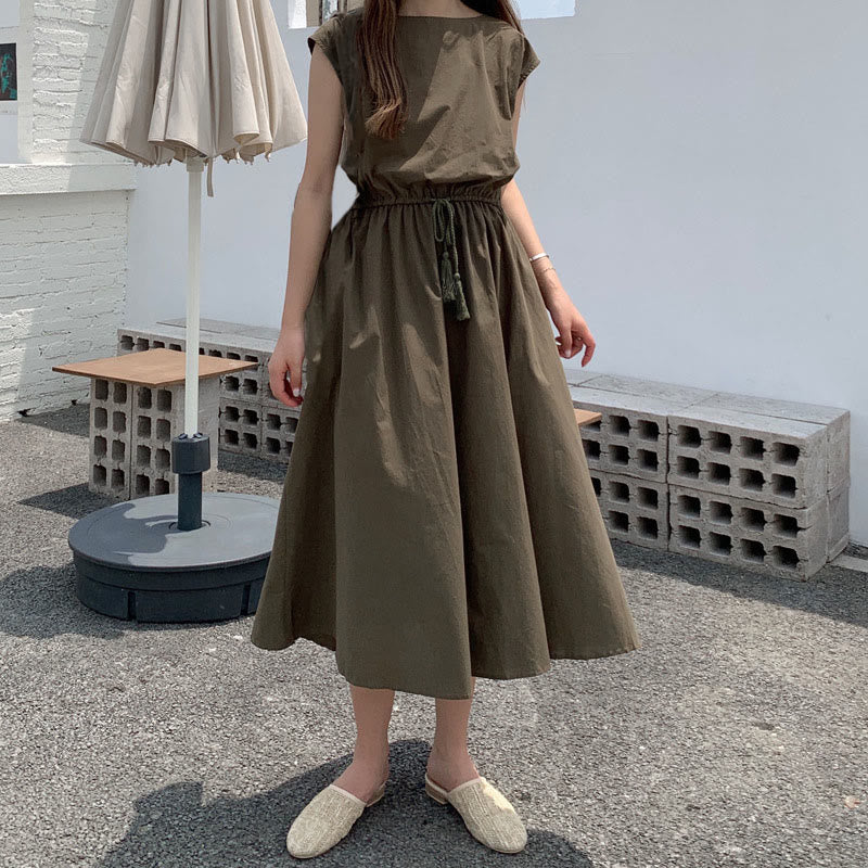 Buddha Stones Casual Eastic Waist Drawstring Design Short Sleeve Midi Dress - Olive - US8-10,UK/AU12-14,EU40-42 (2XL) - image 27