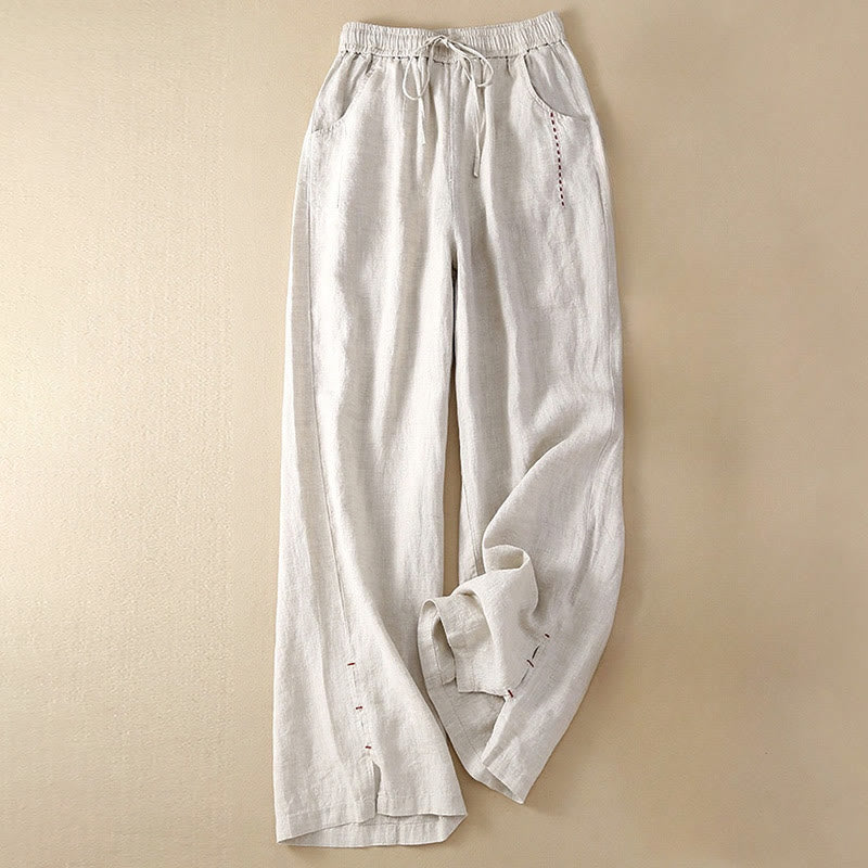Buddha Stones Summer Casual Plain Color Embroidery Drawstring Cotton Linen Women's Wide Leg Pants With Pockets - Gainsboro - US12,UK/AU16,EU44 (3XL) - image 0