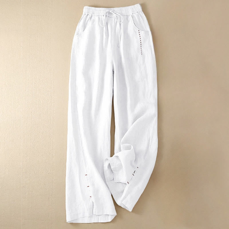 Buddha Stones Summer Casual Plain Color Embroidery Drawstring Cotton Linen Women's Wide Leg Pants With Pockets - White - US12,UK/AU16,EU44 (3XL) - image 14