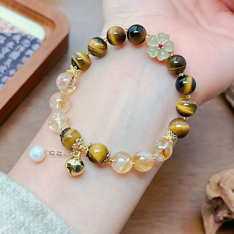 Bracelet Foviel à perles de fleur et clochette en œil de tigre naturel et citrine pour le courage