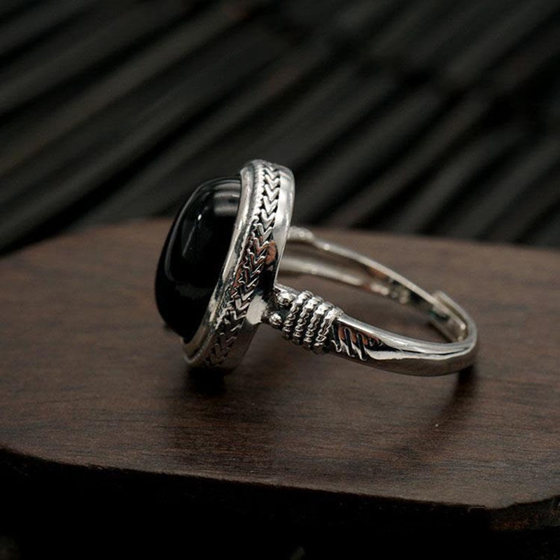 Foviel Natural Black Onyx Adjustable Protection Ring