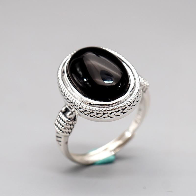 Foviel Natural Black Onyx Adjustable Protection Ring