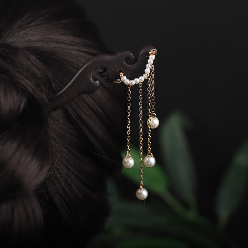 Foviel Ebony Shell Flower Pearl Tassel Blessing Hairpin