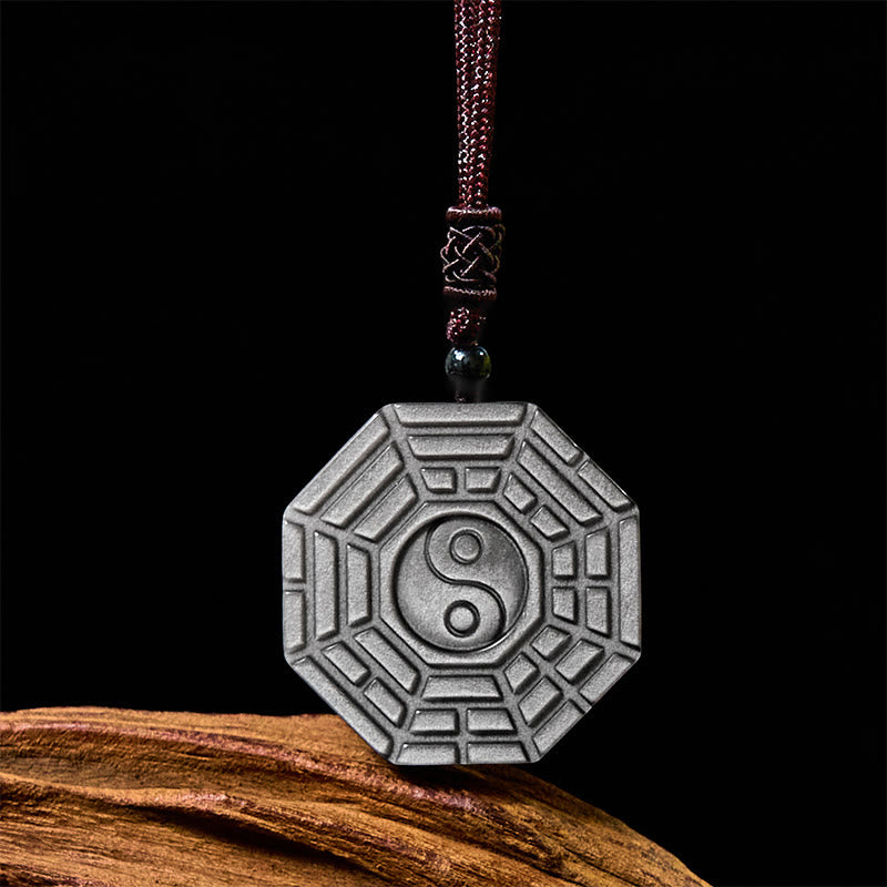 Foviel Silver Sheen Obsidian Bagua Yin Yang Symbol Protection Necklace Pendant