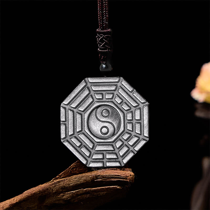 Foviel Silver Sheen Obsidian Bagua Yin Yang Symbol Protection Necklace Pendant