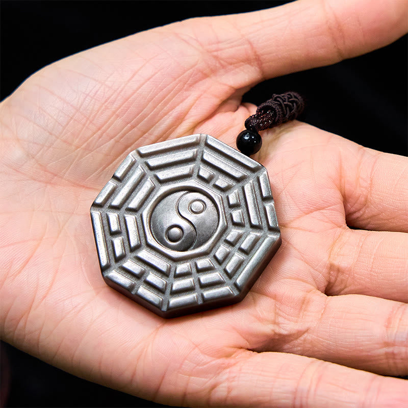 Foviel Silver Sheen Obsidian Bagua Yin Yang Symbol Protection Necklace Pendant