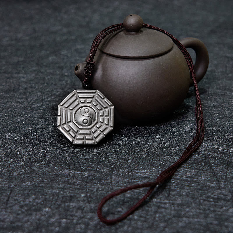 Foviel Silver Sheen Obsidian Bagua Yin Yang Symbol Protection Necklace Pendant