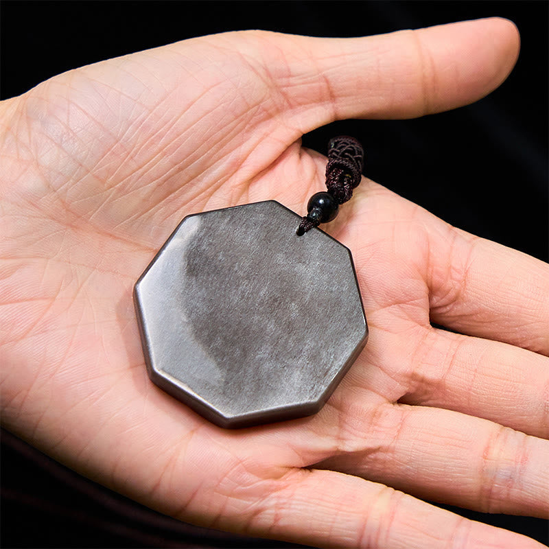 Foviel Silver Sheen Obsidian Bagua Yin Yang Symbol Protection Necklace Pendant