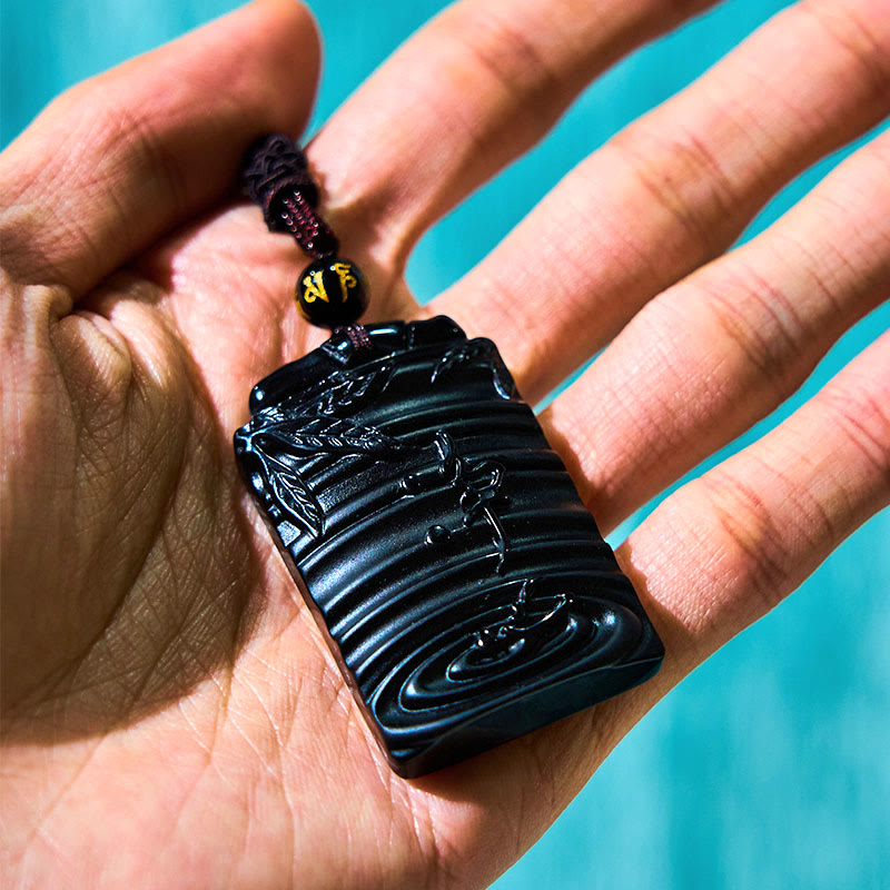 Pendentif collier Foviel en obsidienne noire naturelle motif bambou
