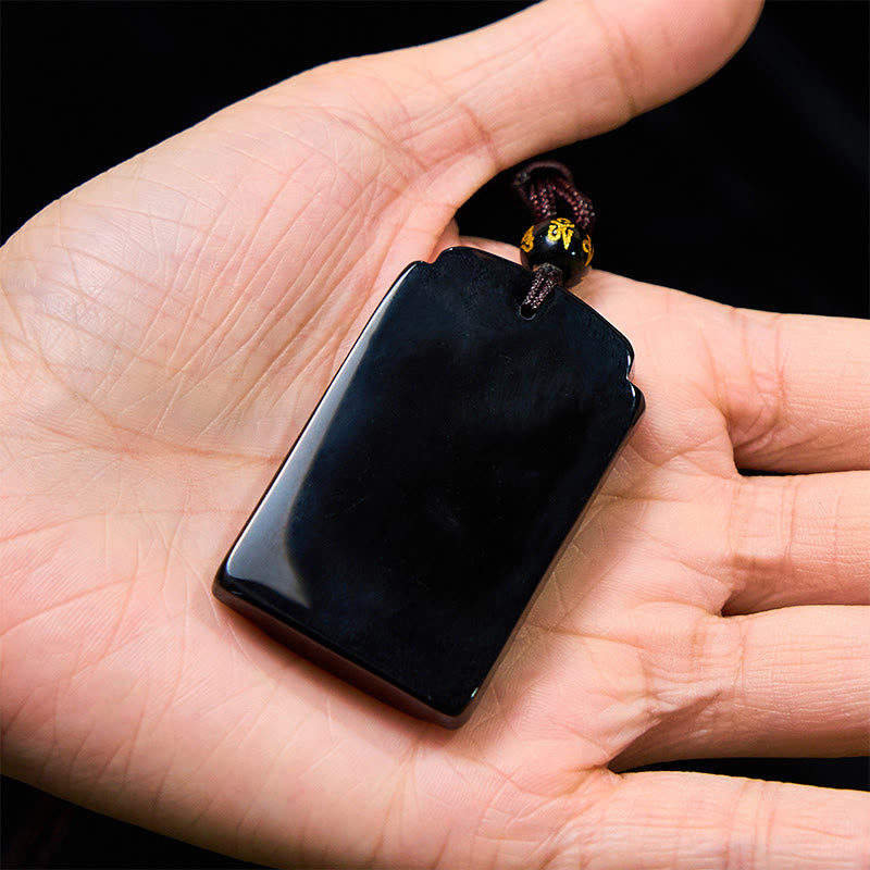 Pendentif collier Foviel en obsidienne noire naturelle motif bambou